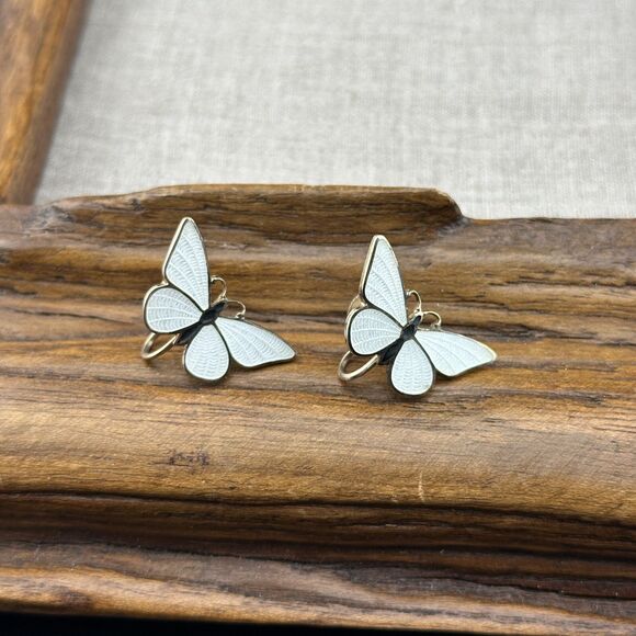 Vintage Silver-tone White Black Guilloche Enamel Butterfly Earrings Screw Back - Picture 10 of 10
